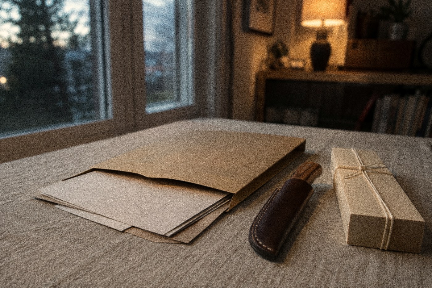 Pattern sheets sliding out of a kraft envelope beside a sheathed carving knife and a basswood block tied with string, on a kitchen table at dusk